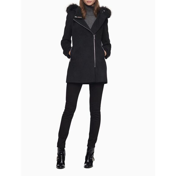 New! CALVIN KLEIN Wool-Blend Hooded Faux Fur Black Coat Jacket XL Zip-Front - Picture 1 of 12